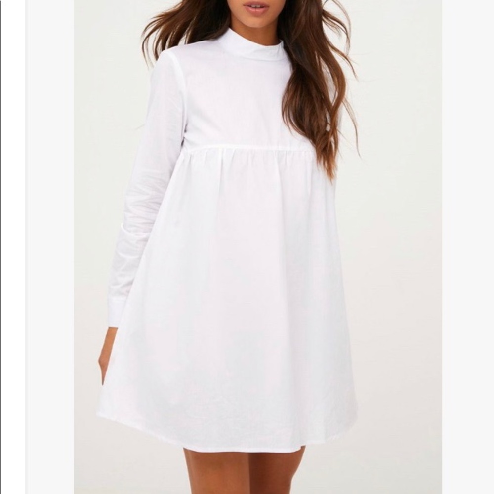 White Cotton Poplin High Neck Smock Dress